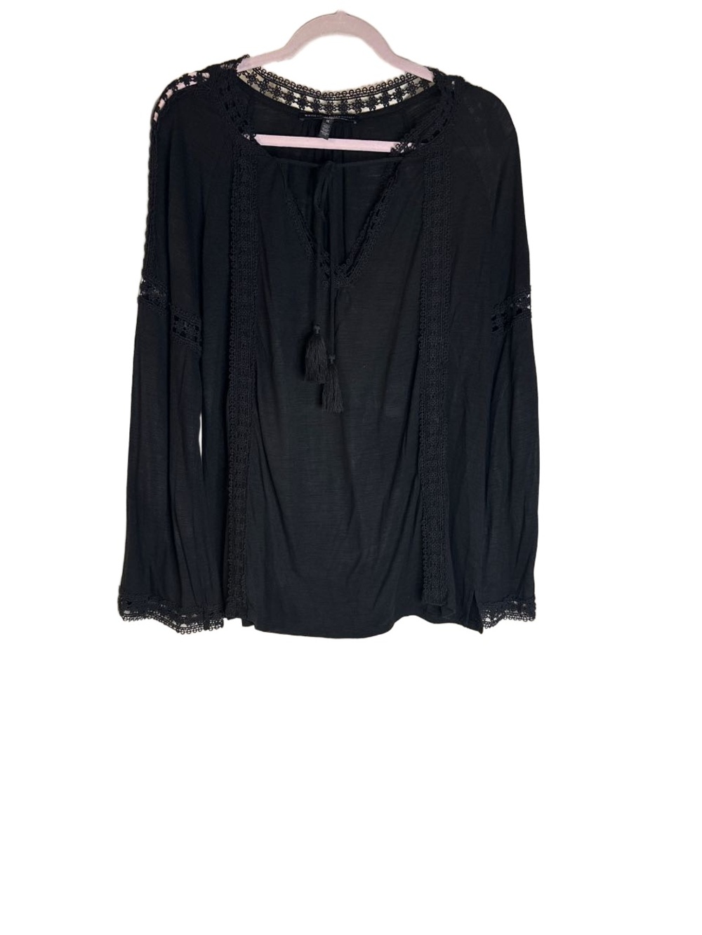 White House Black Market Black Crochet-Trim Peasant Top with Tassels, M